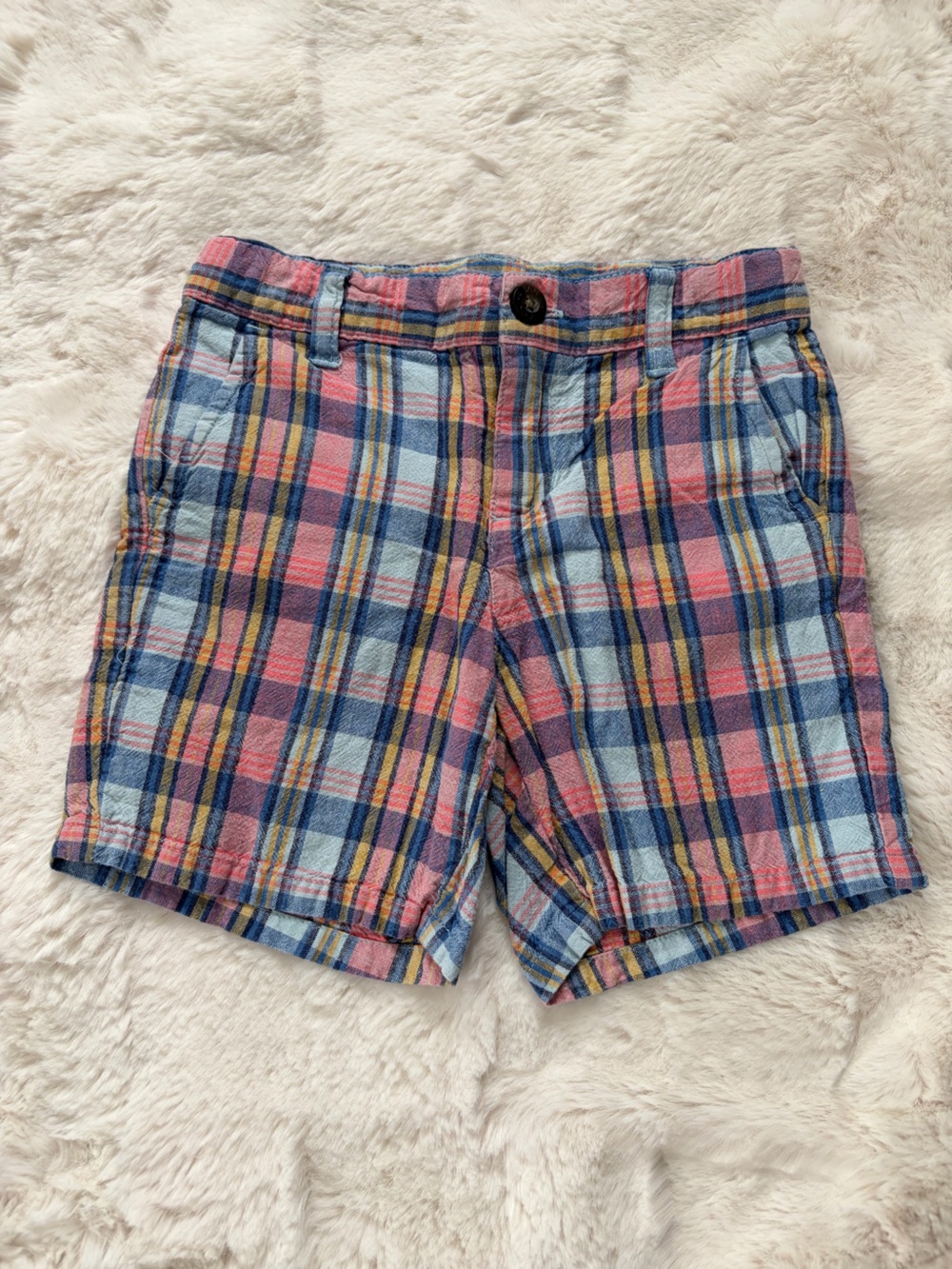 Janie and Jack Multicolor Plaid Cotton Shorts - Blue, Yellow & Pink